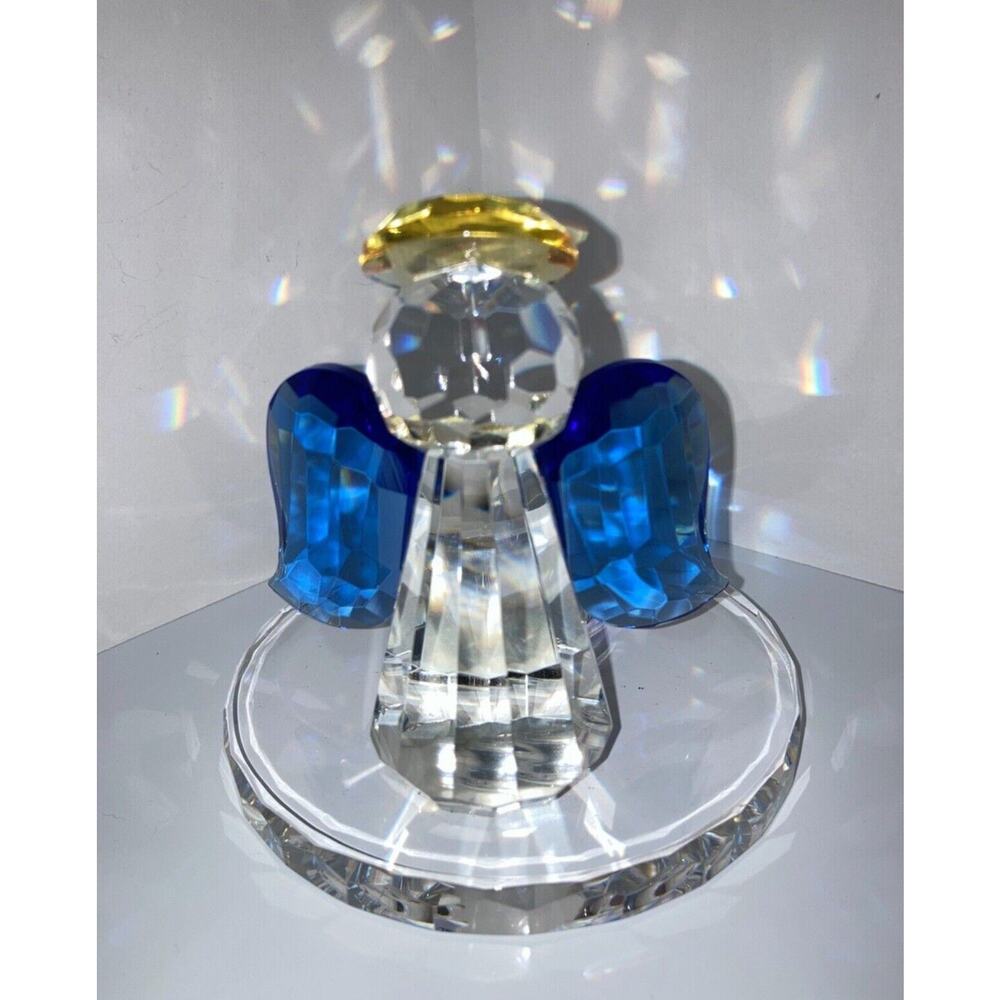 Partylite Crystal Faceted Optic Angel Gold Halo Blue Tealight Holder 4” Tall